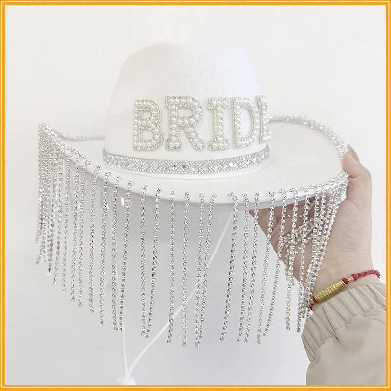 

New Western Wedding Bride's Cowboy Hat Summer Fashion Sun Straw Hat Matching Tassel Diamond Bridal Wedding Veil Hats For Party