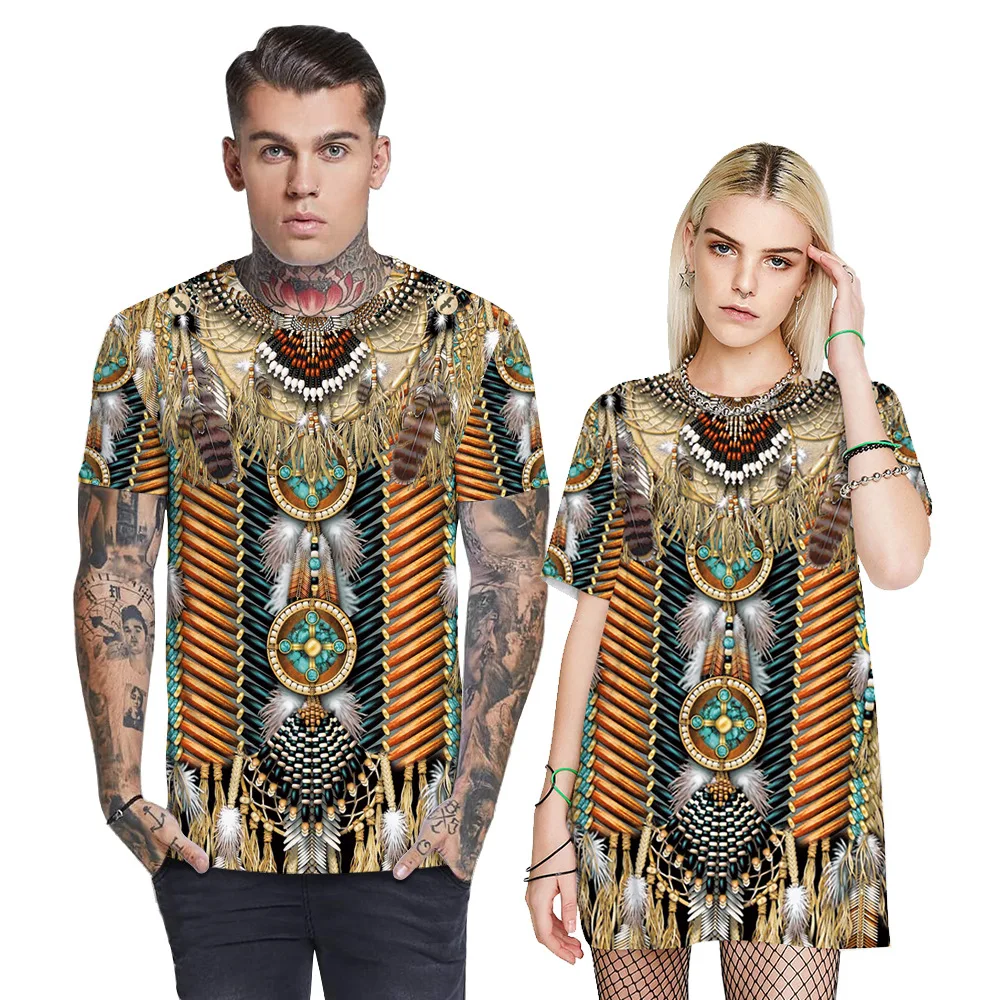 

Couple Matching Clothes Indian Tribe Digital Printing Men and Women Short Sleeve T-Shirt Leisure Round Neck Summer Africa Top