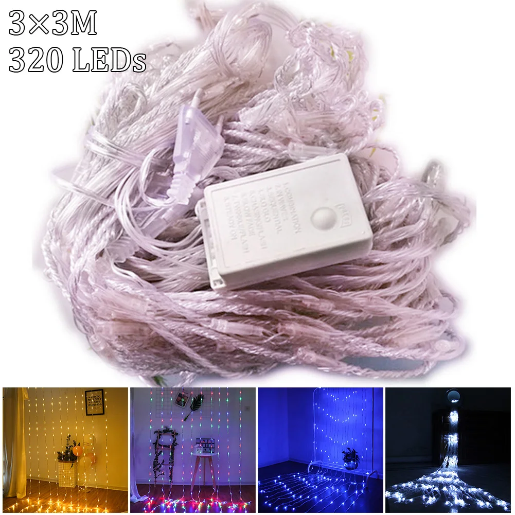 

1*Waterfall String Light 320 LED Water Waterfall Curtain Lights Garland Fairy String Lights Decorations 3(W)X3M(H) EU Plug 220V
