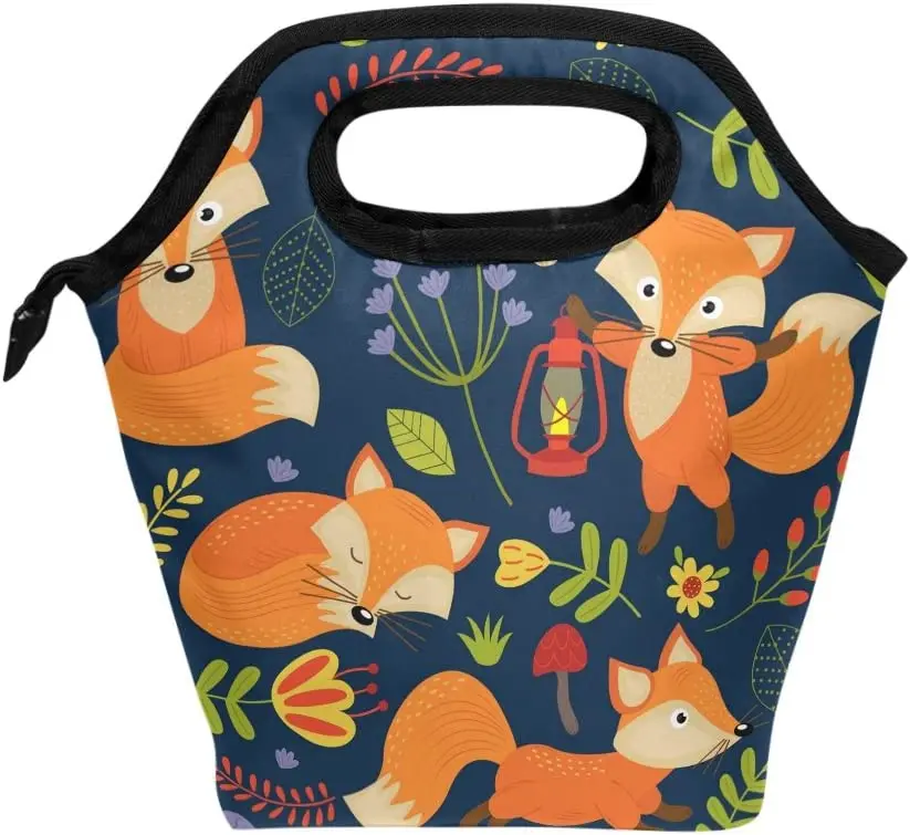 

Lunch Bag Cute Animal Fox Flower Insulated Reusable Lunch Box Portable Lunch Tote Bag Meal Bag Ice Pack for Boys Girls Adults