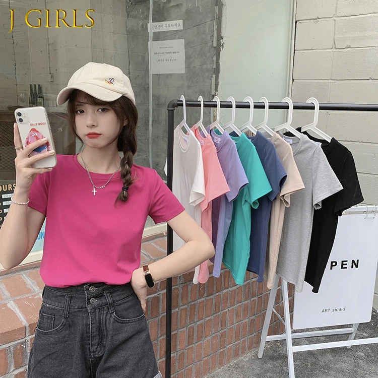 

9 Colors Short Sleeve T-shirts Women Summer Tops Basic Harajuku Solid Females College O-neck Korean Style Stylish Vintage Chic