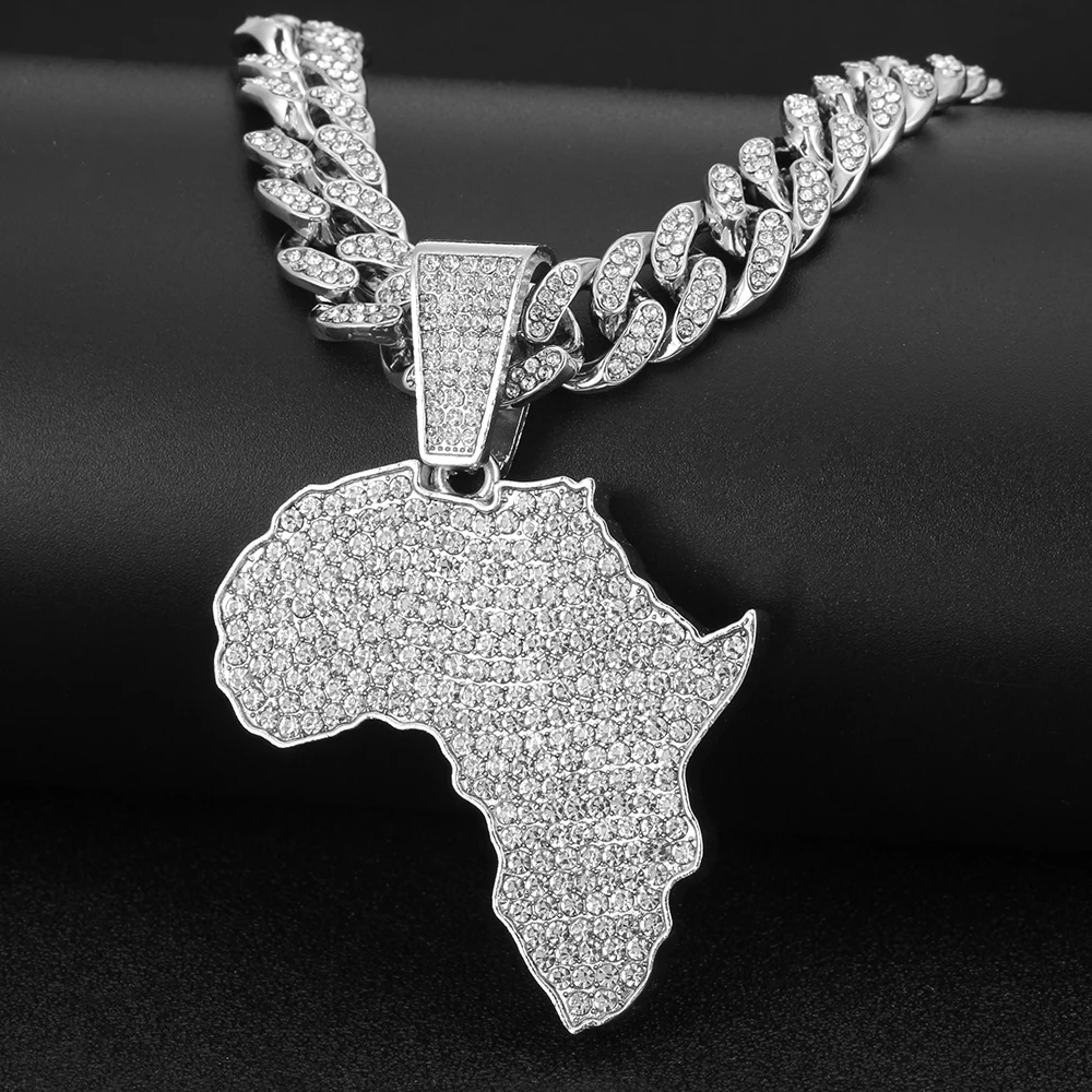 

Fashion Crystal Africa Map Pendant Necklace For Women Men's Hip Hop Accessories Jewelry Necklace Choker Cuban Link Chain Gift