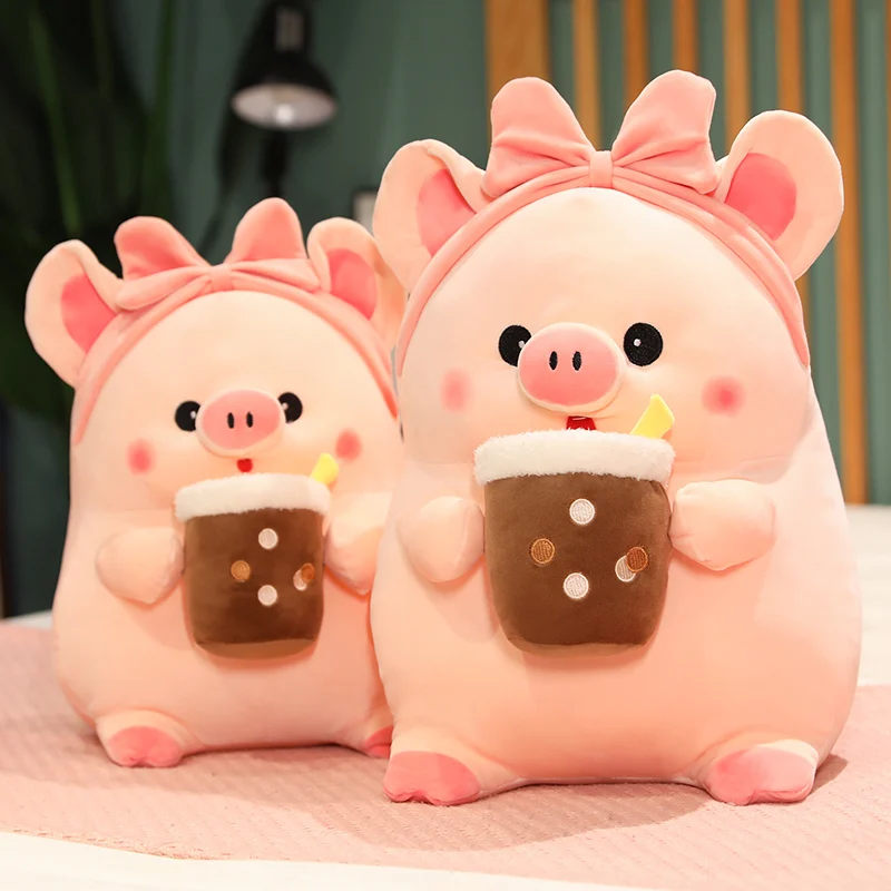 

New 30/40/50CM Kawaii Bubble Tea Pig Plush Toy Stuffed Animal Pink Piggy Pillow Cup Milk Tea Boba Plushie Doll Birthday Gifts