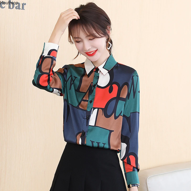 

Summer New Women's Blouses Poplin Long Sleeve Top Stitching Printing Polo Shirt Casual Fashion Loose Female Clothes