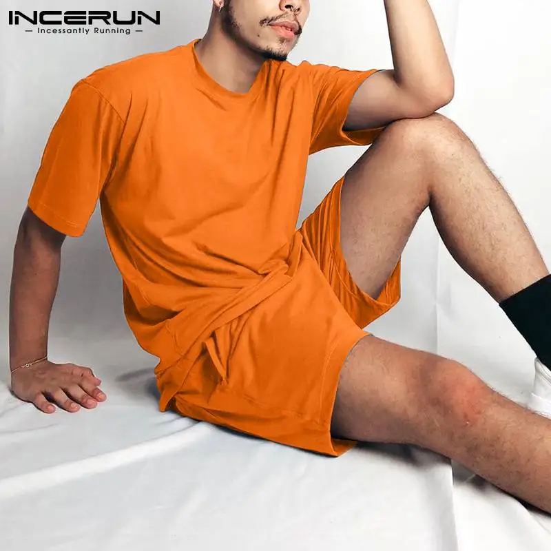

Fashion Men Sets 2022 Streetwear Solid Color O-neck Short Sleeve T Shirt & Shorts Two Pieces Sets Men Casual Suits S-5XL INCERUN