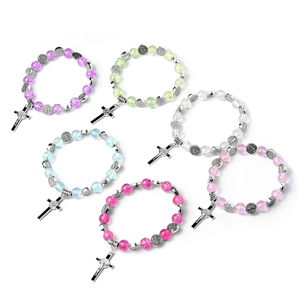 

Glass Bead Cross Rosary Bracelet Catholic Rosary Hand Dress Accessory for Baby Shower Wedding Women Girl Gift Church Wholesale