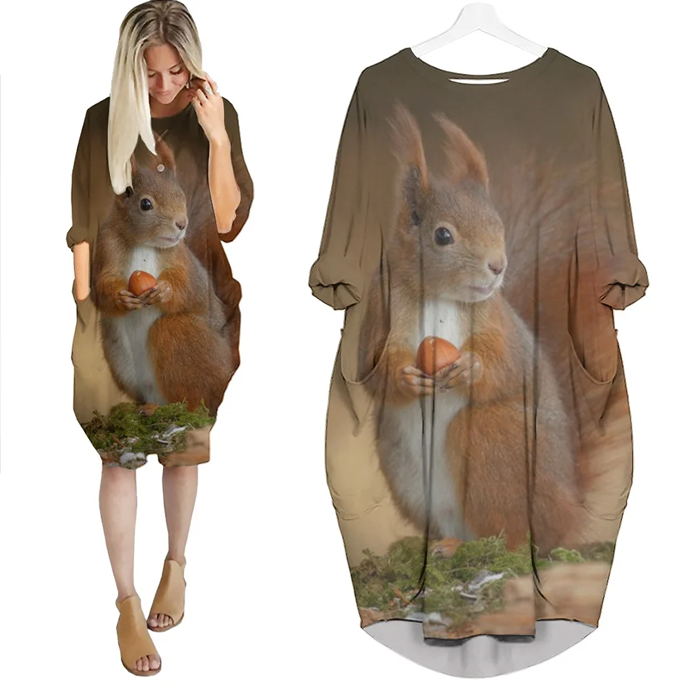 

Jumeast Women 3D Batwing Pocket Dress Oversized Female Animal Grey Red Fox Squirrel Pullover Dresses Summer Skirt Nightdress