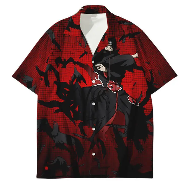 Фото Коллекционная рубашка Naruto Akatsuki: Мужская рубашка с коротким рукавом и 3D-принтом Учихи Итачи, косплей, красное облако, оверсайз №4