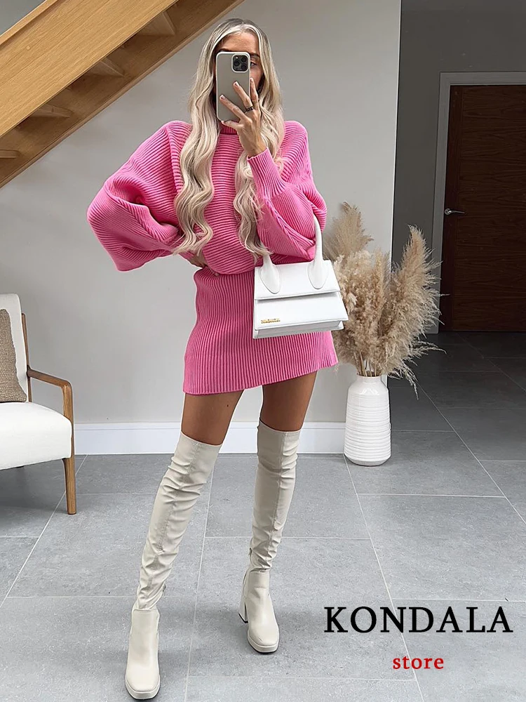 

KONDALA Vintage Solid Pink Knitted Women Sweater Sets 2 Piece Lantern Sleeve Turtleneck Sweaters+High Waist Sheath Mini Skirts