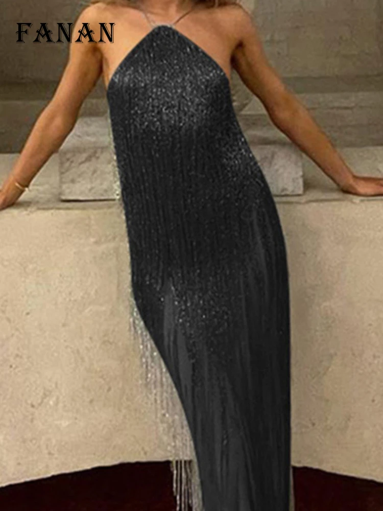 Blue Tassel Party Dress for Women Fashion Halter Sleeveless Slim Dress 2022 Summer Sexy Backless Midi Dress Club Evening Outfits (art.: 3920bdbcebea4) - 3920bdbcebea4