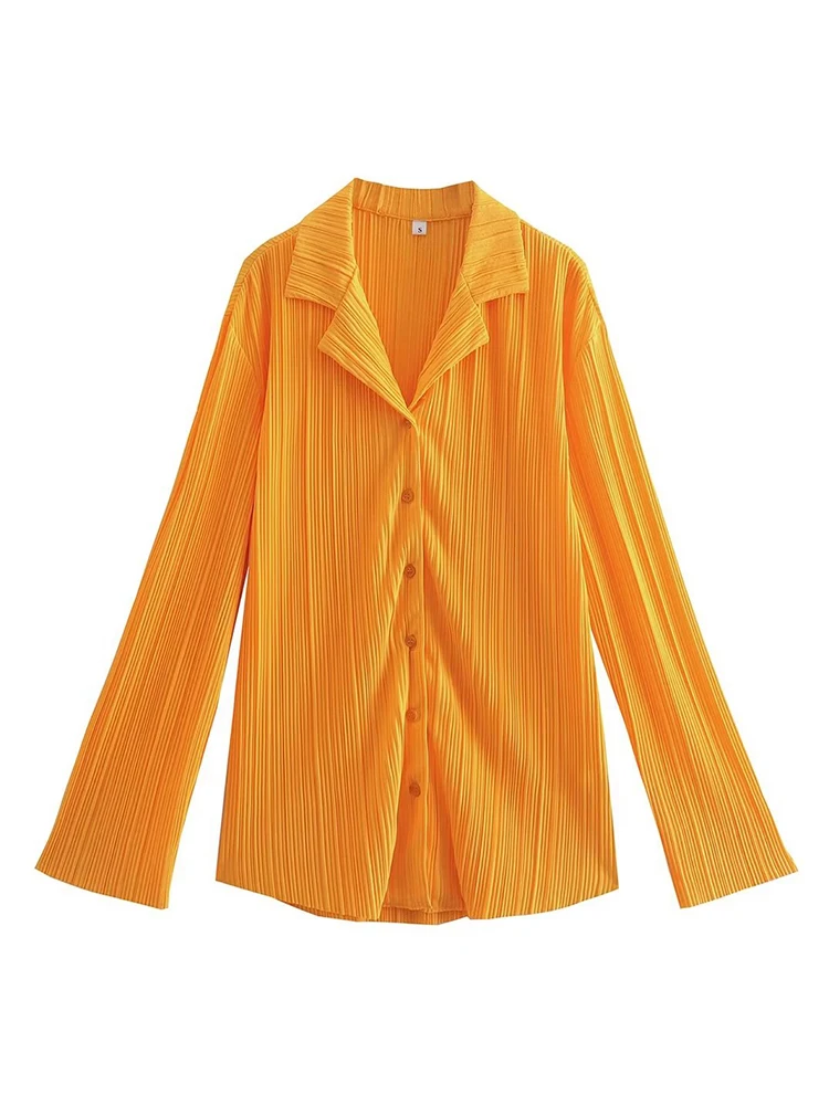 

Оранжевая женская блузка с отложным воротником и длинным рукавом