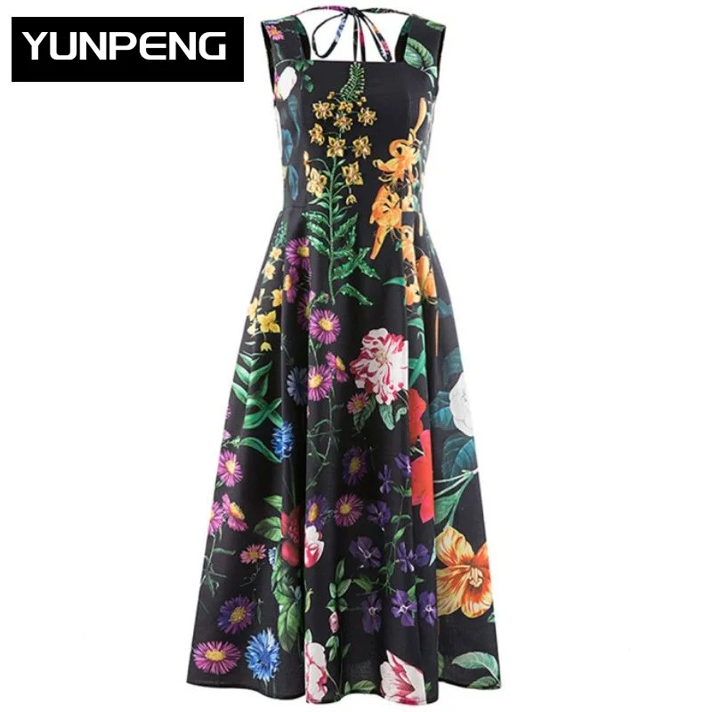 

Женское свободное платье миди без рукавов, черное элегантное платье с квадратным вырезом, высокой талией и принтом, расшитое бисером, лето ...