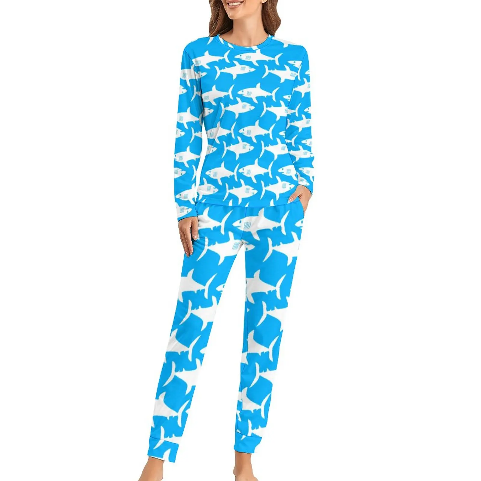

Great White Shark Pajamas Cool Animal Print Two Piece Casual Pajamas Set Women Long Sleeves Kawaii Oversized Sleepwear