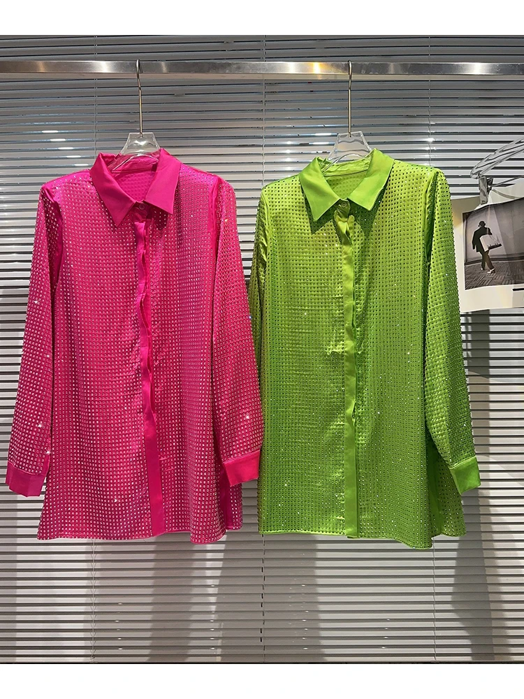 

HIGH STREET Newest Fashion 2023 Designer Blouse Women's Diamonds Beaded Loose Long Sleeve Shirt