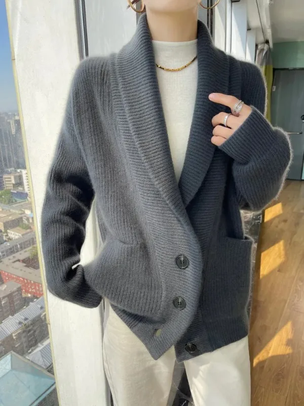 

Плотный вязаный кардиган с 7 стежками, женская одежда из 100% мериносовой шерсти, топ с V-образным вырезом, модное корейское пальто с длинными рукавами на осень и зиму
