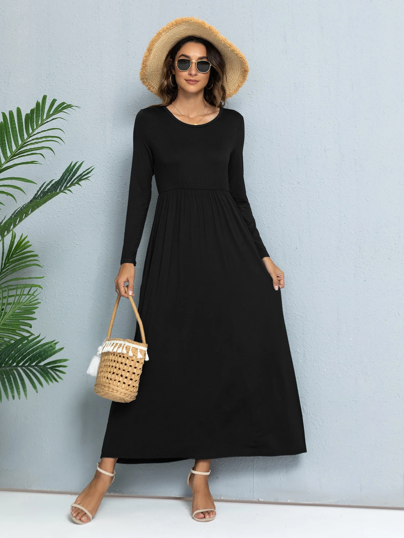 LEVACA Black Tunic Long Sleeve Ruffle Casual Round Neck A Line Maxi Dress Suitable For Spring And Autumn