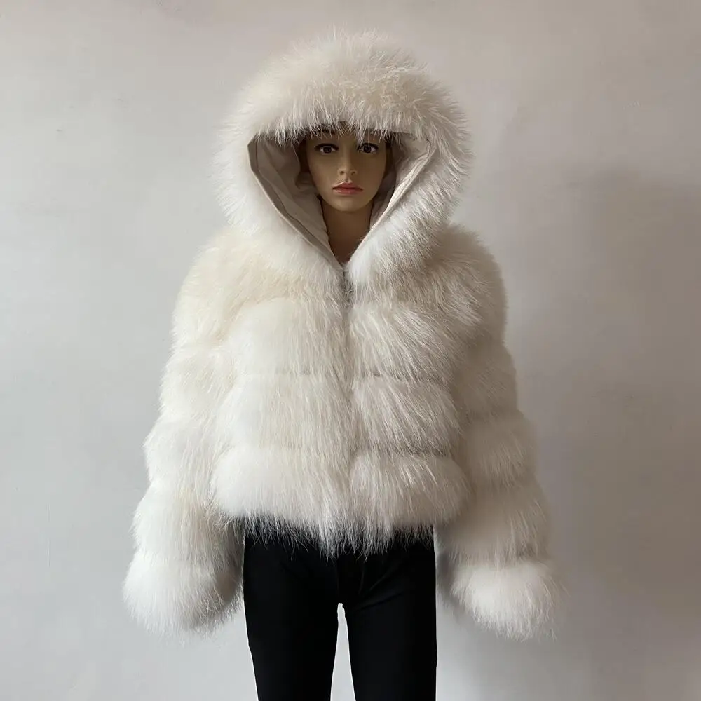Real Natural Raccoon Silver Fox Fur Hooded Coat Detachable Hood For Women Winter Fashion Warm  Outwear Height 50 CM Plush Jacket