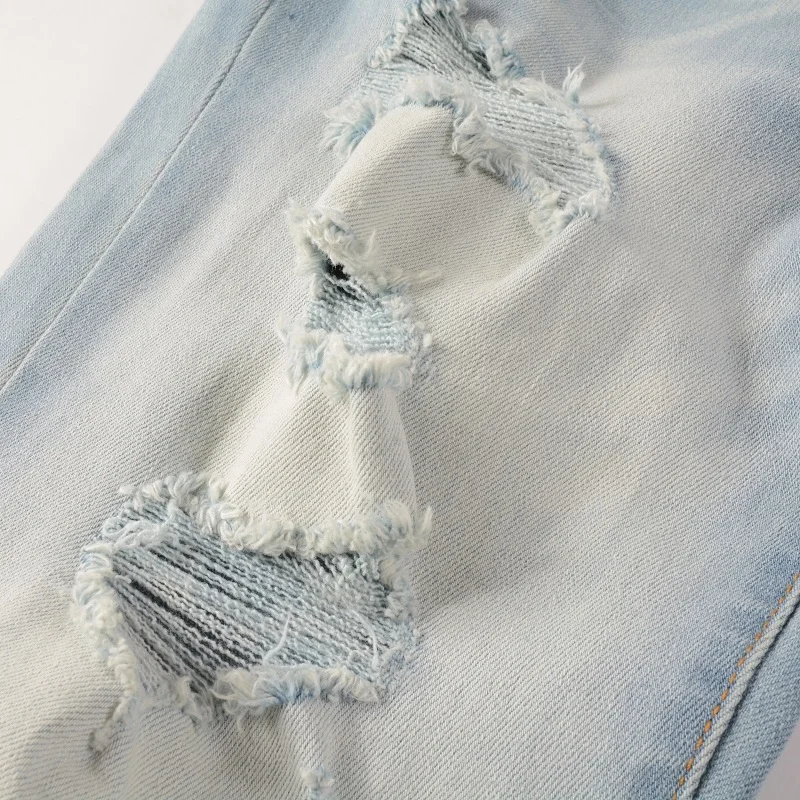 New Steetwear Style Tie Dye Bandana Ribs Patchwork Skinny Stretch Holes Slim Fit Light Blue High Street Distressed Ripped Jeans