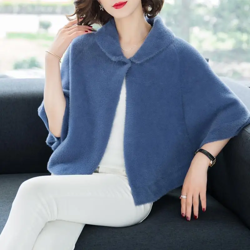 

Doll sleeve poncho female knitted sweater coat women loose imitation mink sweater cardigan cape solid casual capes coat female