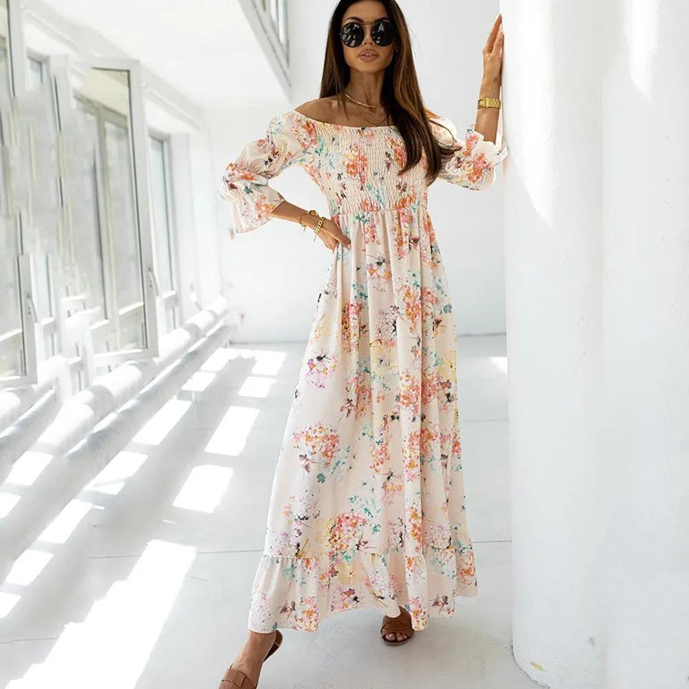 

Spring And Autumn Women's Sexy Strapless Fashion Tube Top Print Lotus Leaf Seven Points Sleeve Ladies Long Waist Dresses