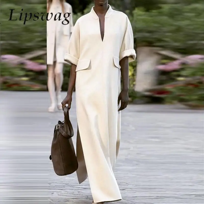 

Fashion Summer Spring Short Sleeve Side Slit Long Dress Casual Loose Female Pullover Dress Women Sexy V Neck Maxi Beach Dresses