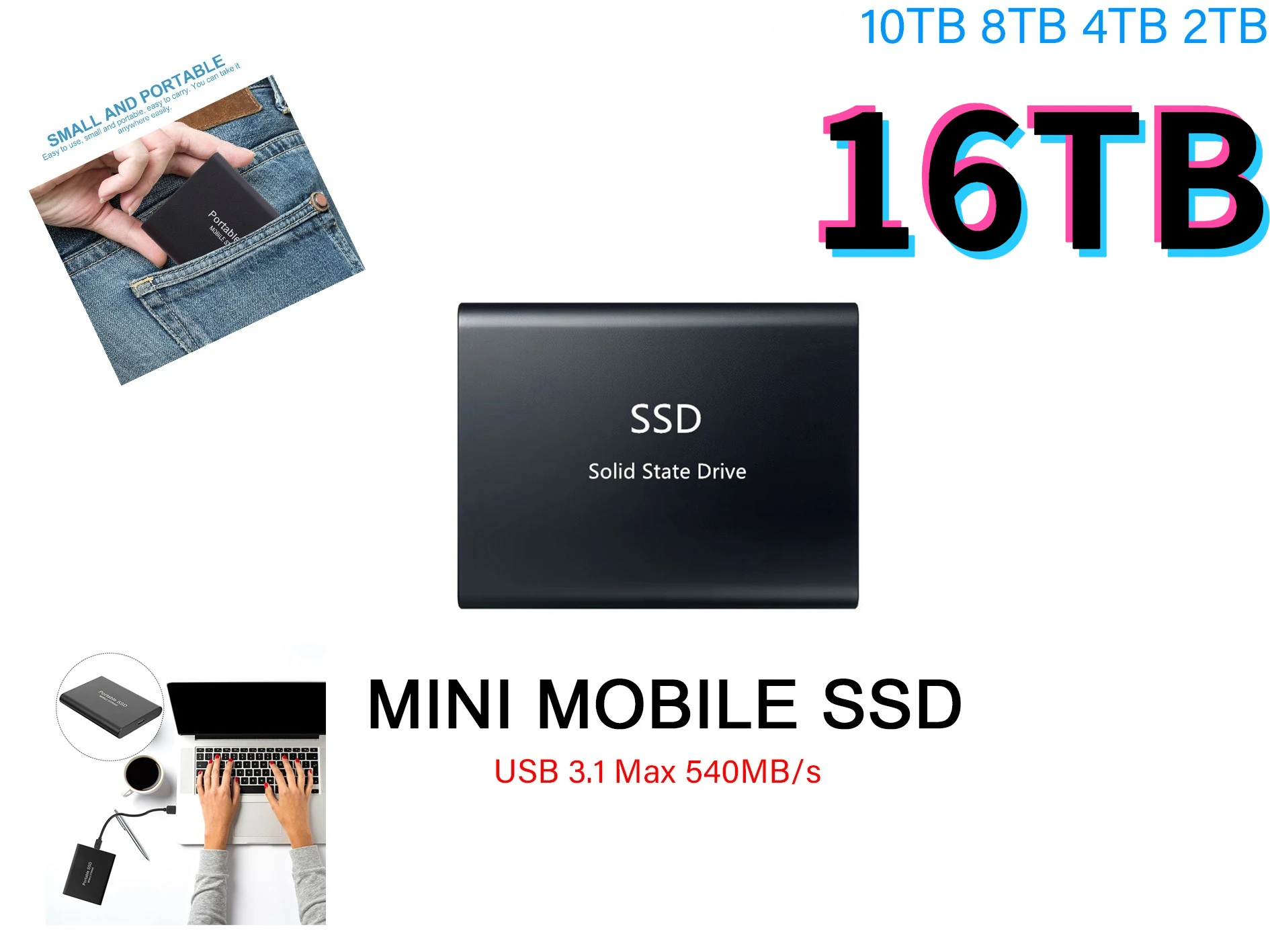 Портативный SSD-накопитель Type-c USB 3 1 4 ТБ 240 ГБ 500 Гб |