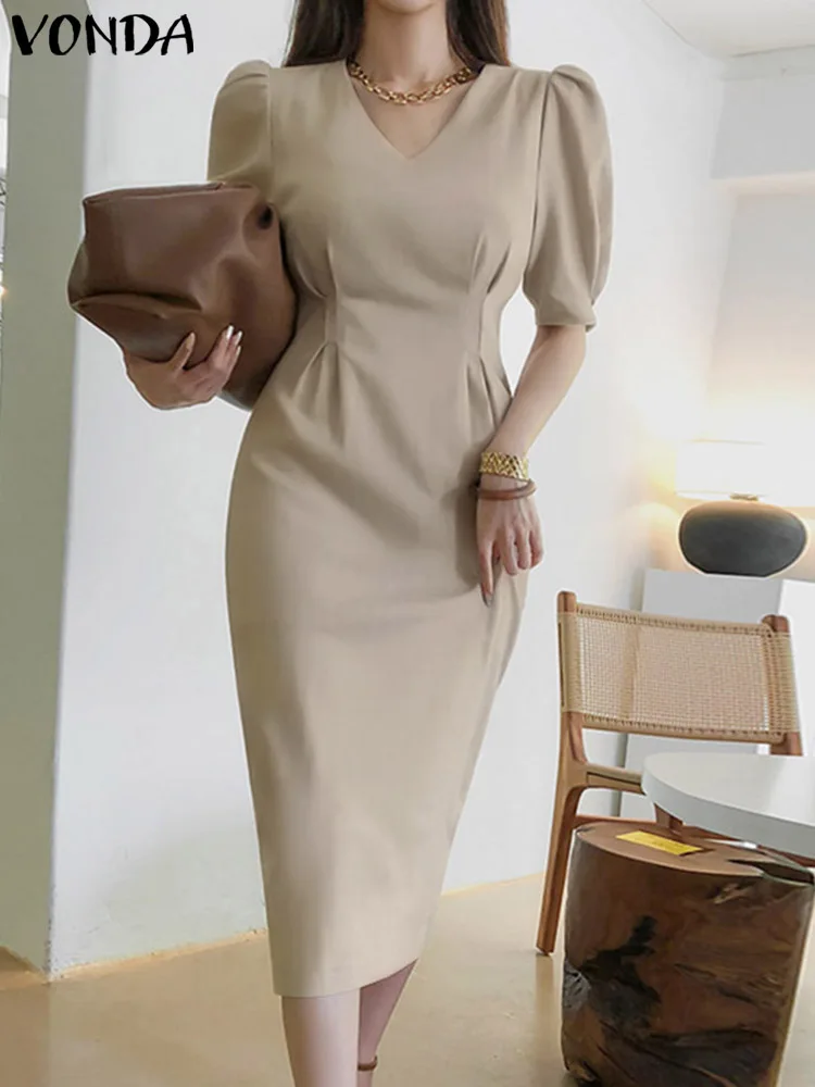 

Women Elegant Midi Dress 2023 VONDA Sexy V Neck Puff Sleeve Slim Waist Summer Sundress Bohemian Vestidos Summer Robe Femme Baggy