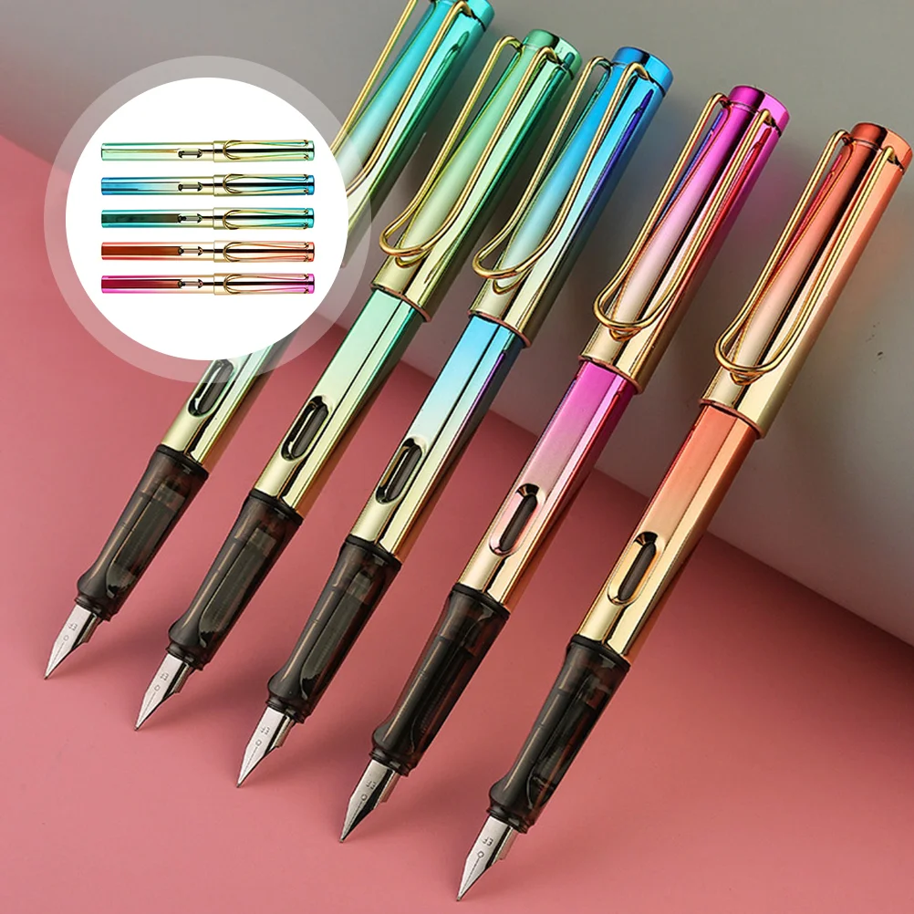 

5Pcs Colored Plastic Metal Fountain Pen Simple Ink Sac Design Writing Practice Pens