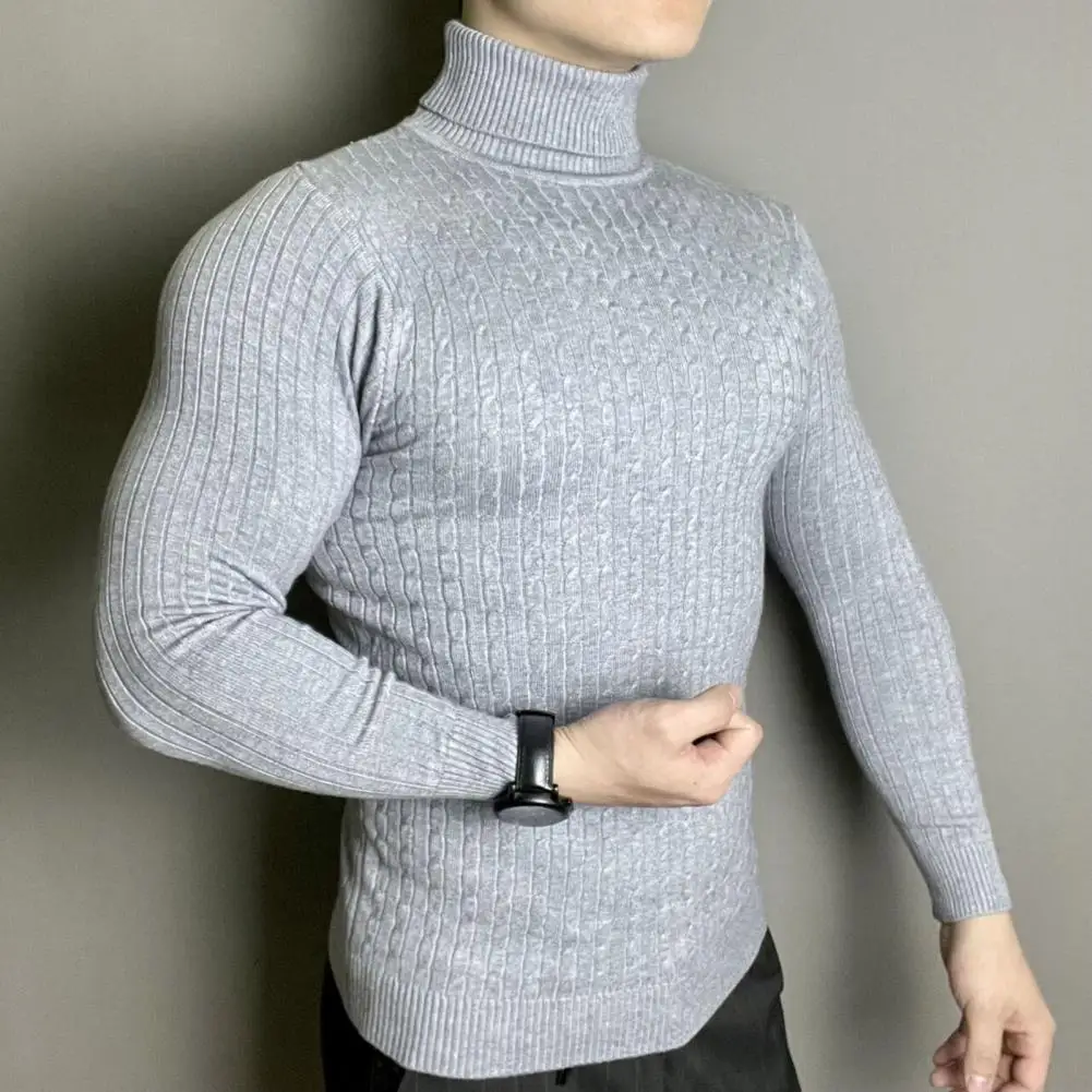 

Winter Men Sweater Solid Color Long Sleeves Knitwear Stretchy Turtleneck men Pullover Twist Pattern Base Sweater Knitting Top