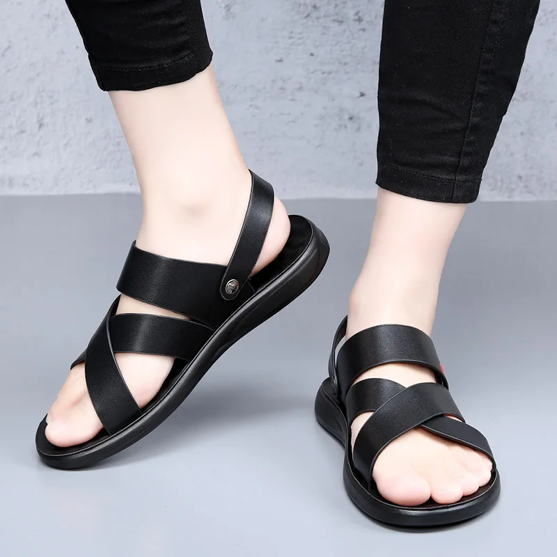 

2023 Summer Rome Style Black Hombre Genuine Leather Sandals For Men's Daily Outdoor Beach Dress Waterproof Flat Casual Shoes