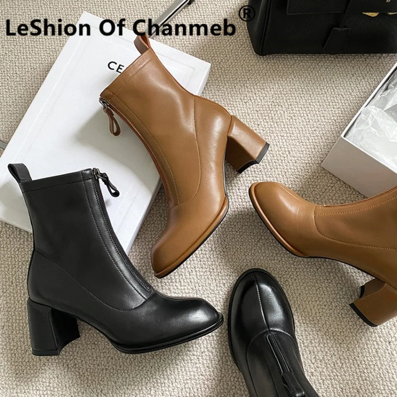 

Женские ботильоны из овечьей кожи с молнией спереди, на Высоком толстом каблуке, размеры 34-42