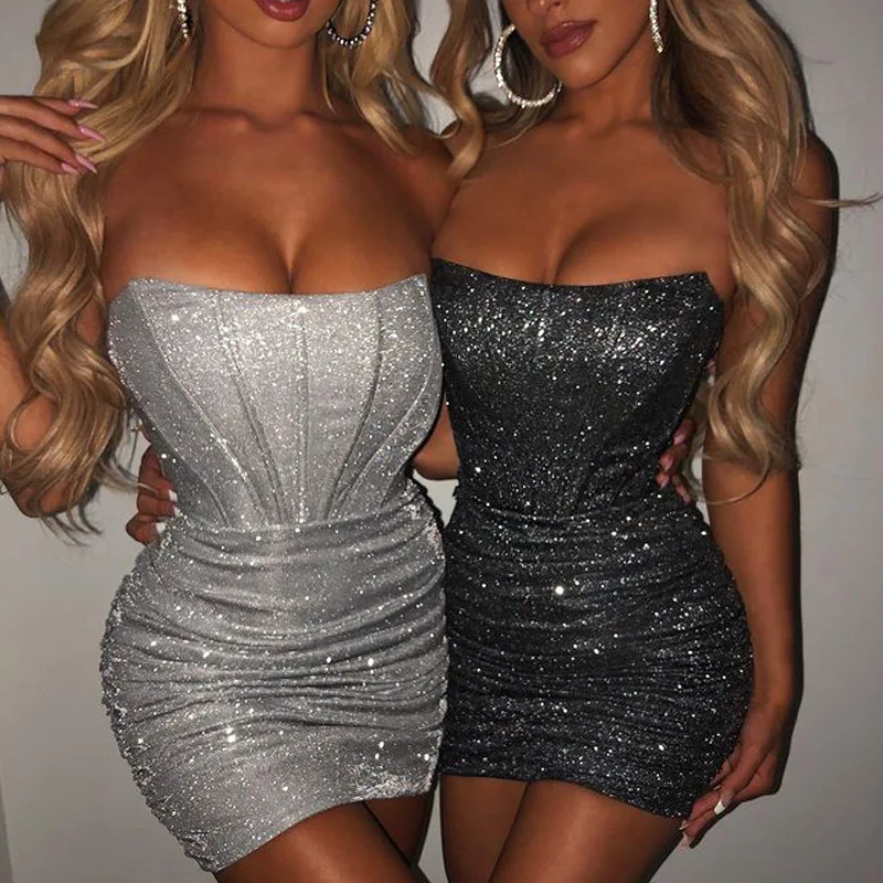 

Summer Sequin Dress Women Party Bodycon 2022 New Arrivals Shiny Gold Sexy Strapless Mini Celebrity Evening Club Dresses Vestidos