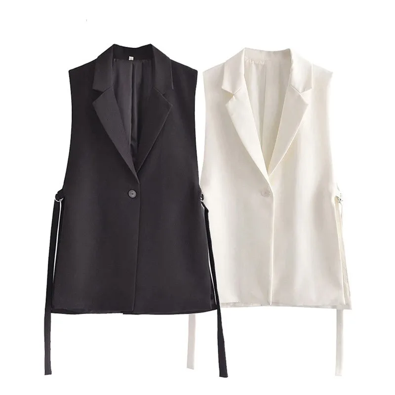 

Huaxiafan Women Fashion With Tabs Single Button Office Wear Waistcoat Vintage Sleeveless Side Vents Female Vest Coat Chic Veste