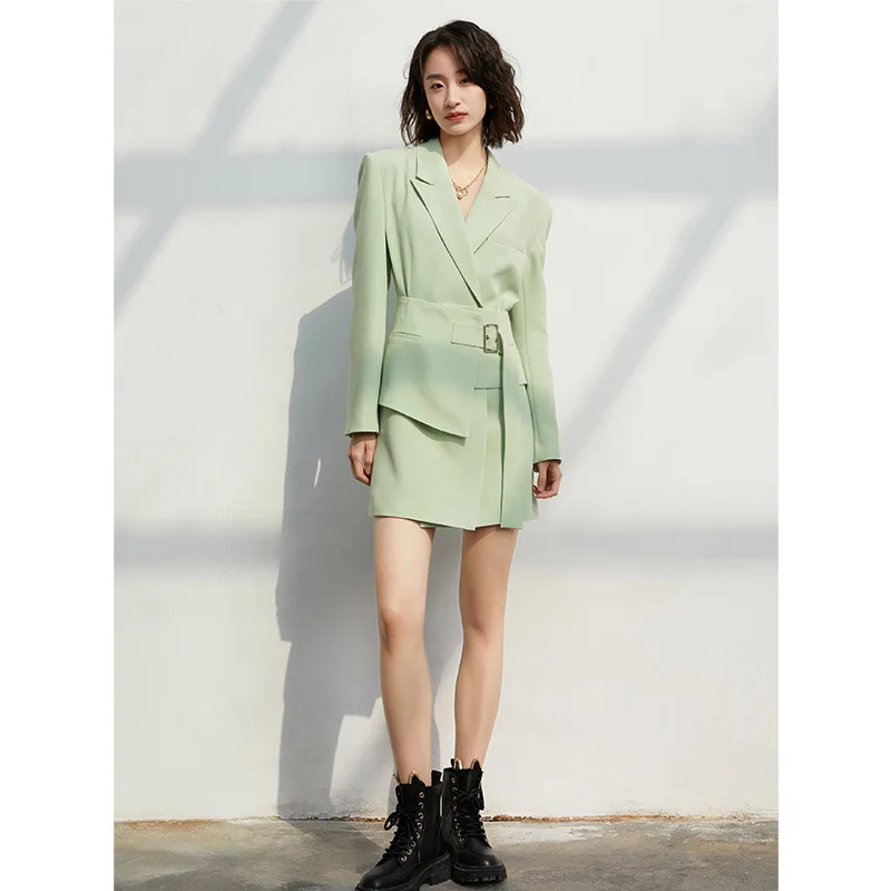 Nice Green Acetate Suit Dress Long Sleeve High Waist Dress Small Women Spring 2023 New French Suit Dress A-line Short Dress