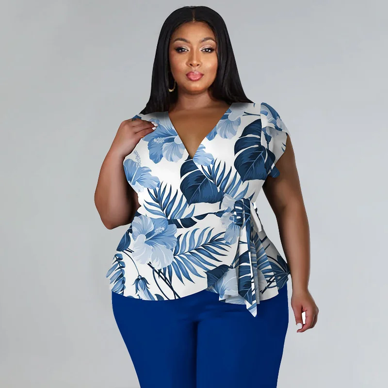 Plus Size Women Clothing Two Piece Sets Summer Short Sleeve v Neck Printing Top and Pant Sui 3xl 4xl 5xl 6xl