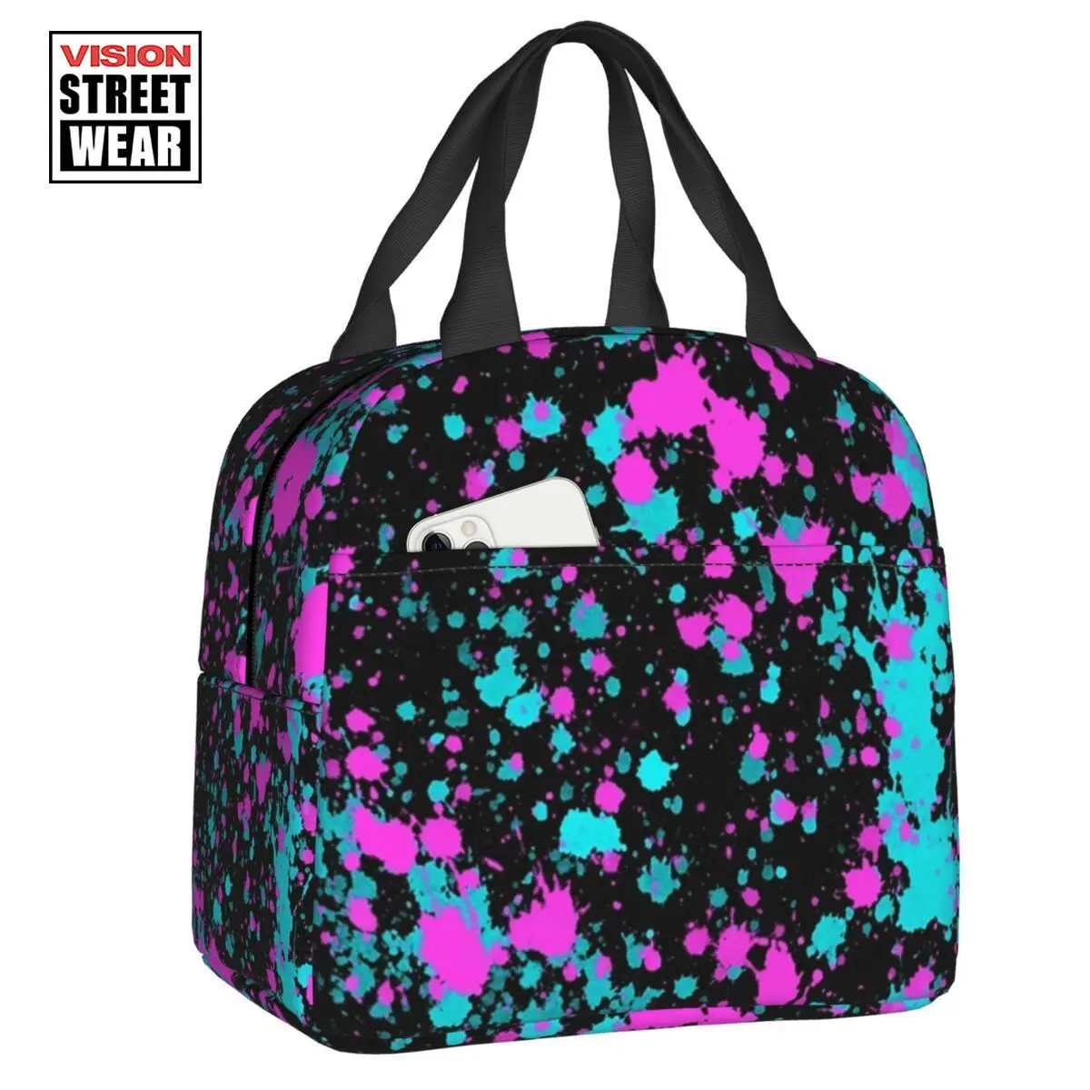

2023 New Colorful Neon Paint Splatters Insulated Lunch Bag For Outdoor Picnic Artist Graffiti Art Thermal Cooler Bento Box Kids