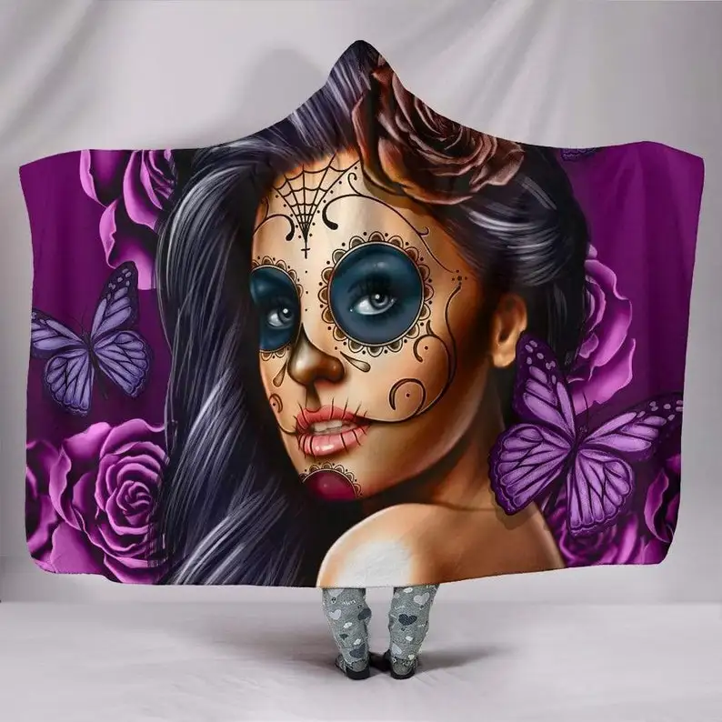 

Hooded Blanket, Purple Calevera, Sugar Skull, Mexican Flower, Dia De Los Muertos, Calavera Catrina, Goth Boho Hippie, Colorful T