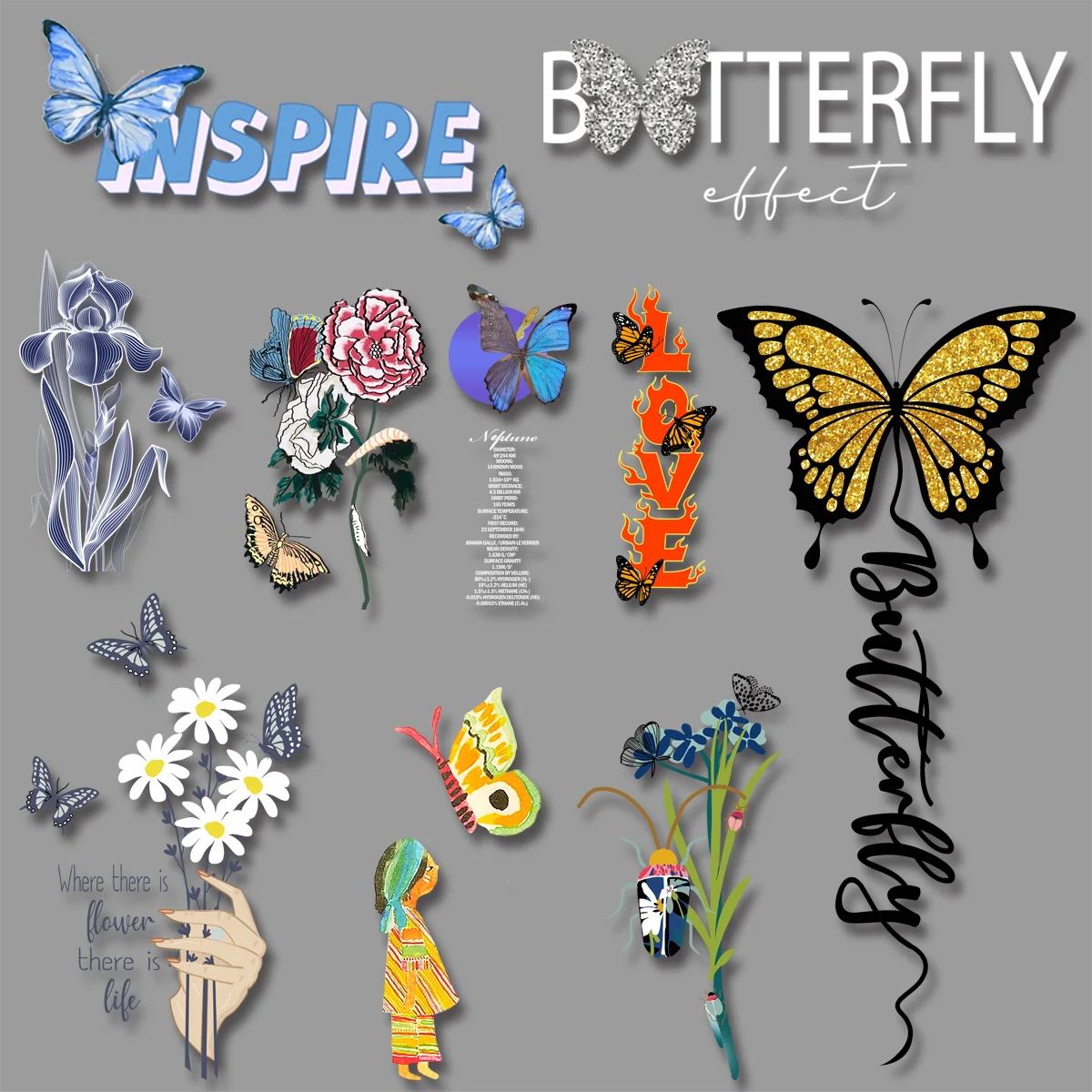 

Cartoon Animal Butterfly Flower Art Letter Heat Transfer for Clothing Printedon Jackets Bags Socks Pillow Fusible Patch