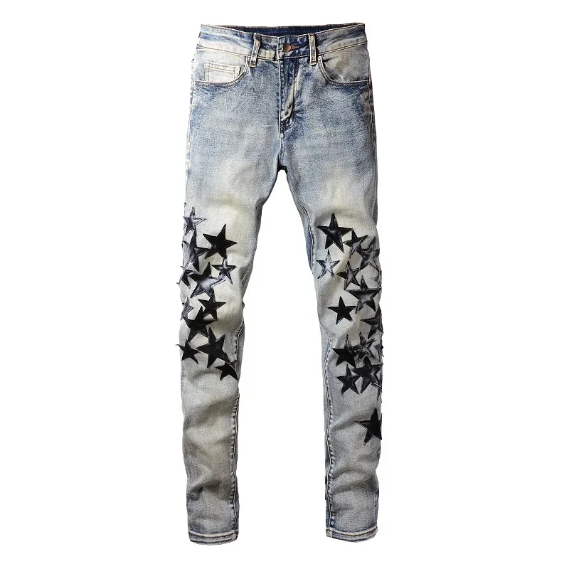 

Men's Slim Fit Streetwear Light Blue Fashion Distressed Skinny Stretch Embroidered Black Leather Stars Patchwork Ripped Jeans