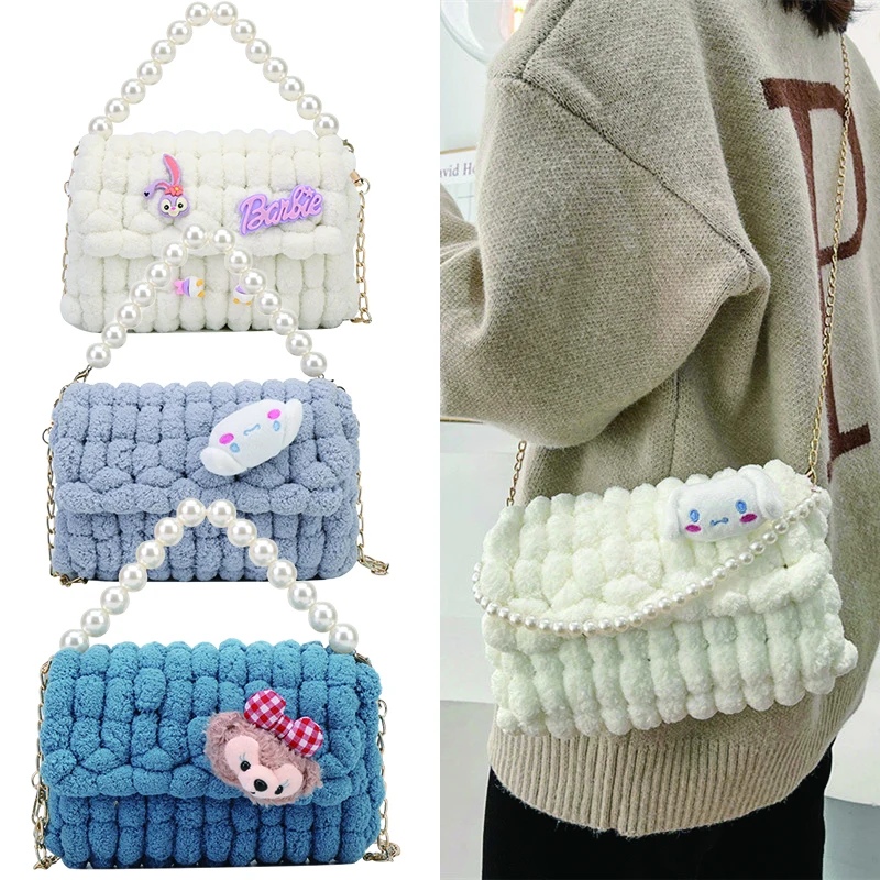 

Новинка, плетеная Сумка Cinnamorol ручной работы, сумки через плечо, сумка-мессенджер, шерстяная сумка ручной вязки 21 см, аниме Stellalou