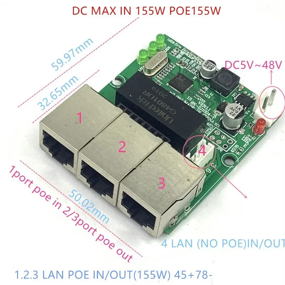 Обратный источник питания POE-переключатель POE IN/OUT5V/12V/24V/48V 45W/3=15 4W 100mbps 802.3AT 45+78-DC5V~48V