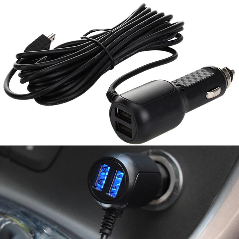 

Автомобильное зарядное устройство mini USB с 2 USB-портами для автомобильного видеорегистратора камеры GPS 3,5 метра 5 в а изогнутое