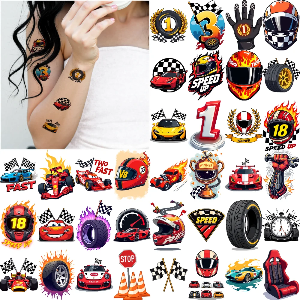 Фото 63 шт. временные татуировки гоночный автомобиль татуировки временные татуировки наклейки клетчатый флаг татуировки мультфильм для женщин щек №1