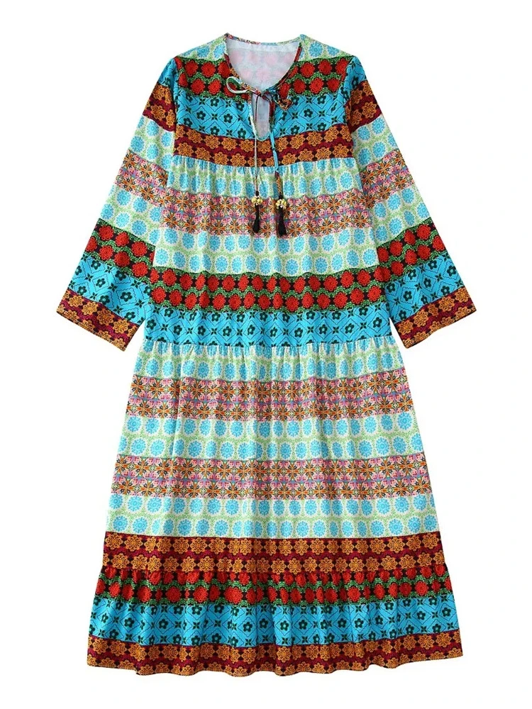 

Merodi Summer Ladies Fashion Patchwork Geometric Print Za Long Dress Female Elegant Tassel O-Neck Summer Loose Dresss