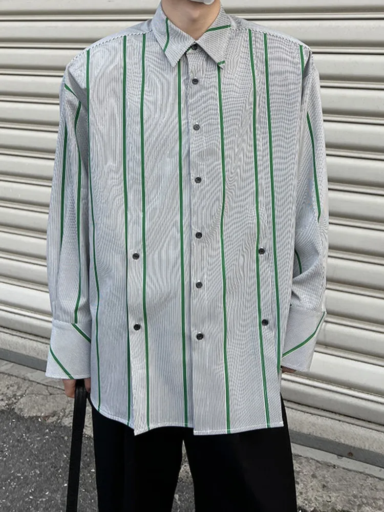

SYUHGFA 2022 Spring Autumn Turn Down Collar Long Sleeve Shirt For Men Vintage Green Stripe Loose Casual Shirt Tops Men Clothing