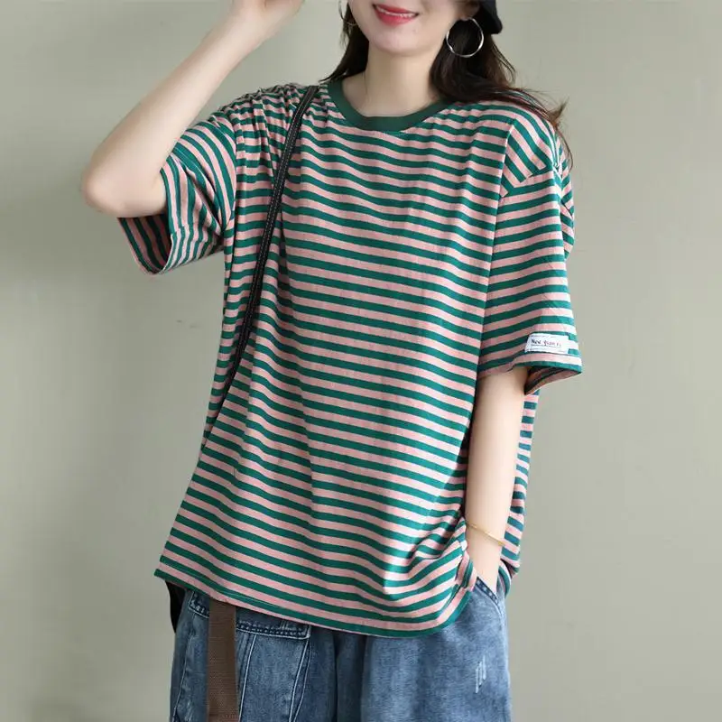 

Women Stripes T-shirt Short Sleeve 2023 Summer Clothes Loose Vintage Pullover Tops O-neck Tee Shirts Female Casual Streetwear