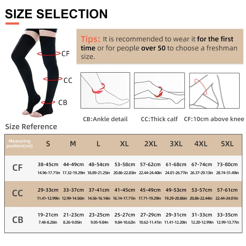 A Pair of Thigh High Medical Compression Socks Elastic Non-slip Open Toe Lymphedema Anti-varicose Veins Fast Healing 23-32mmHg