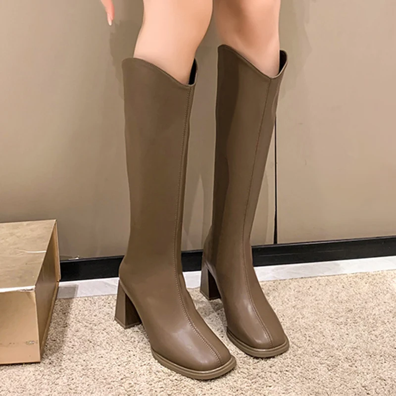 

Sexy Women Knee High Long Boots 2024 Winter Shoes New Designer Square Toe Chelsea Boots Zipper Mid Heels Motorcycle Femme Botas