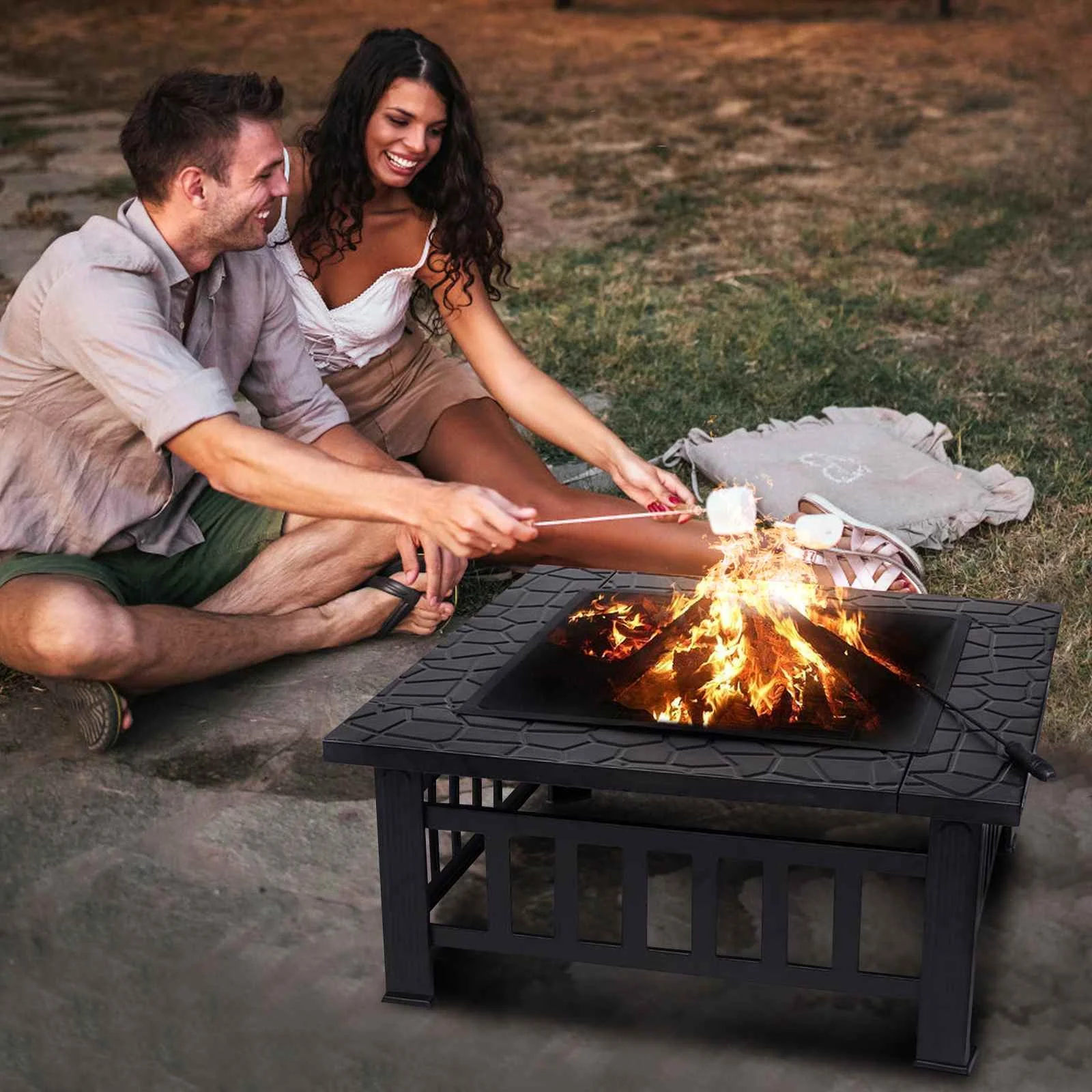 

32inch Square Fire Pit Table Outdoor Wood Burning BBQ Grill Charcoal Firepit Metal Stove with Cover Garden Patio Backyard Caming