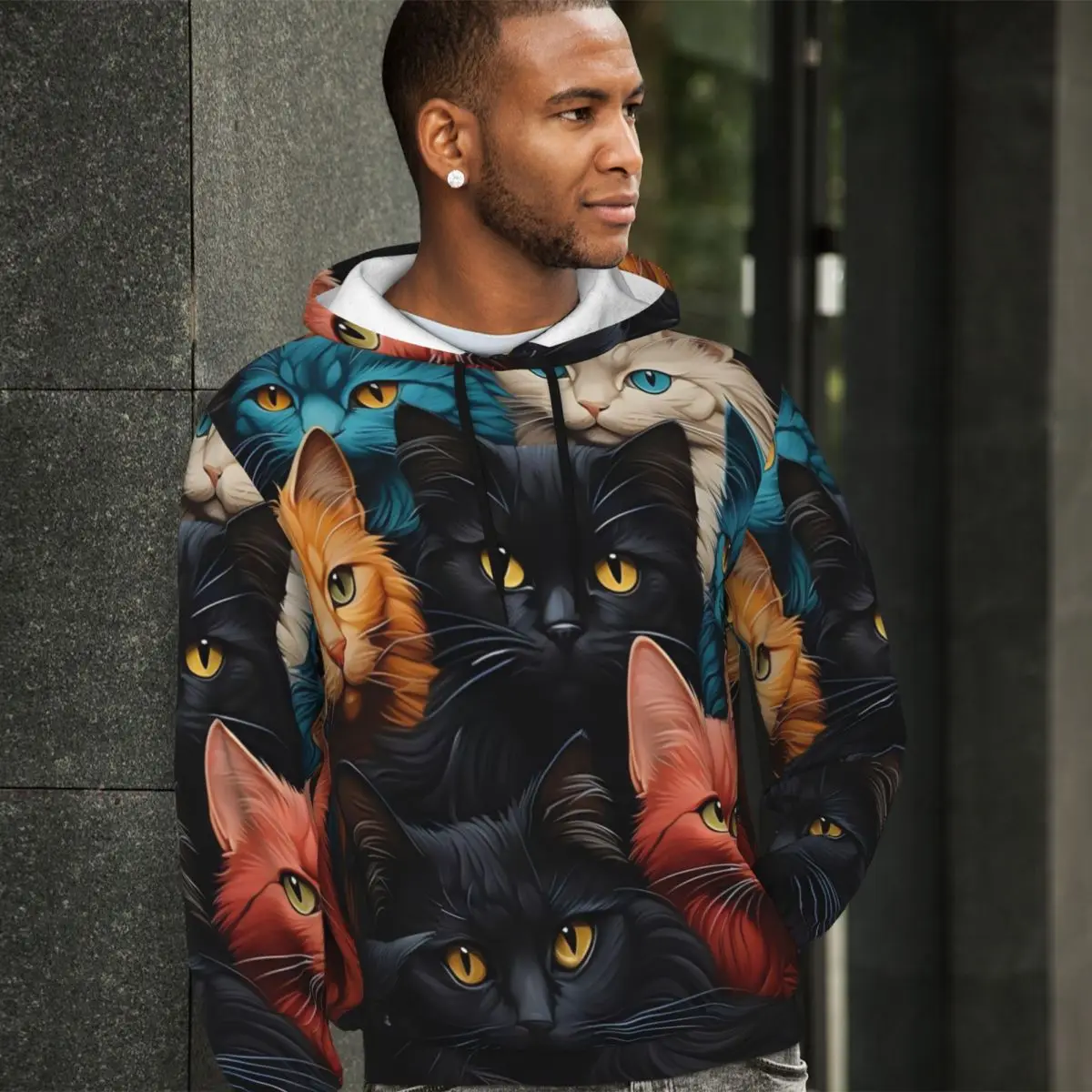 

Cat Selfie Loose Hoodies Men Cute Animal Casual Pullover Hoodie Winter Funny Basic Hooded Sweatshirts Large Size